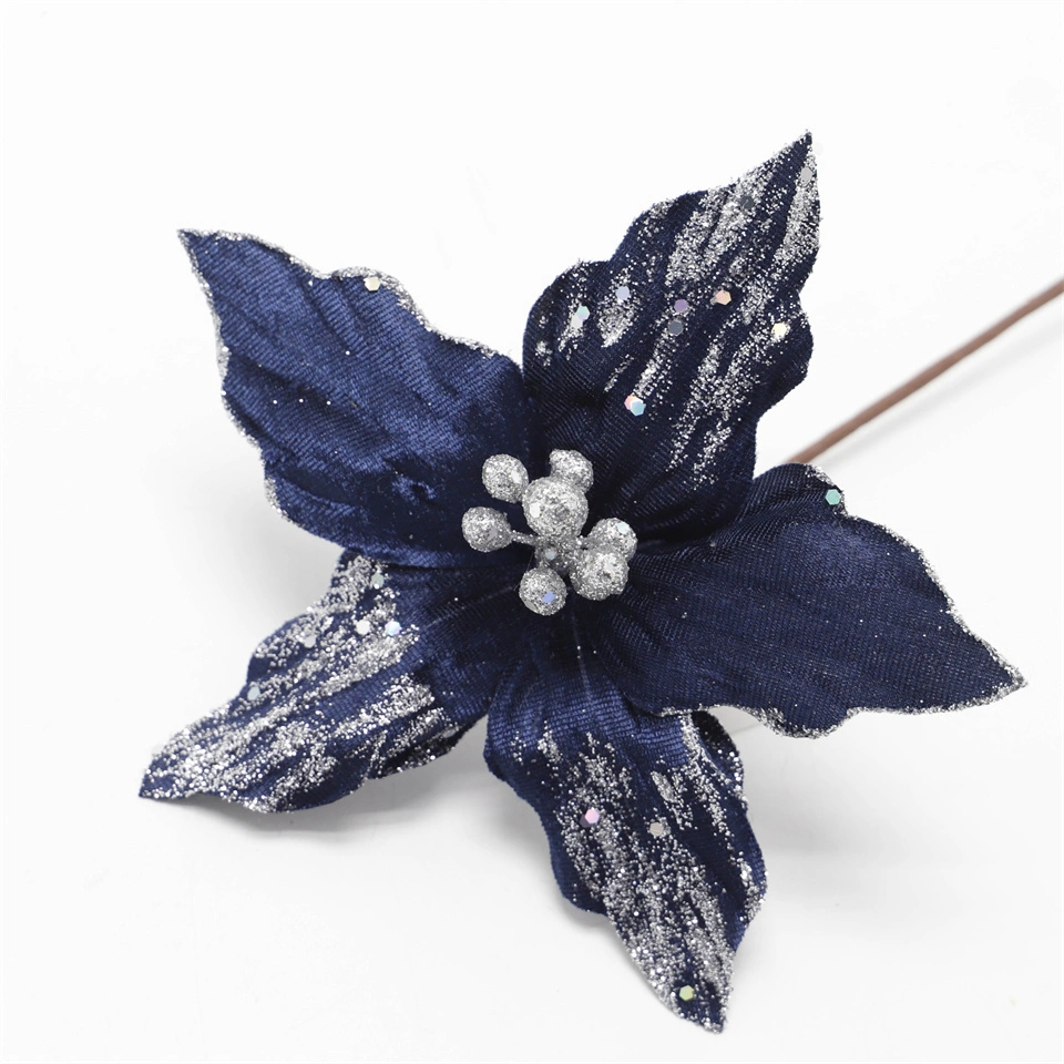 Blue Velvet Sequin Christmas Flower Sacred Tree Decoration Home Decoration Assorted Artificial Flower Poinsettia