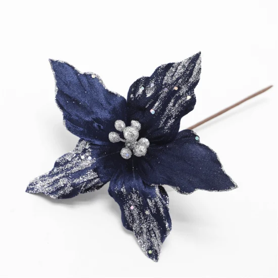 Fleur de noël à paillettes en velours bleu, décoration d'arbre sacré, décoration de maison, assortiment de fleurs artificielles Poinsettia